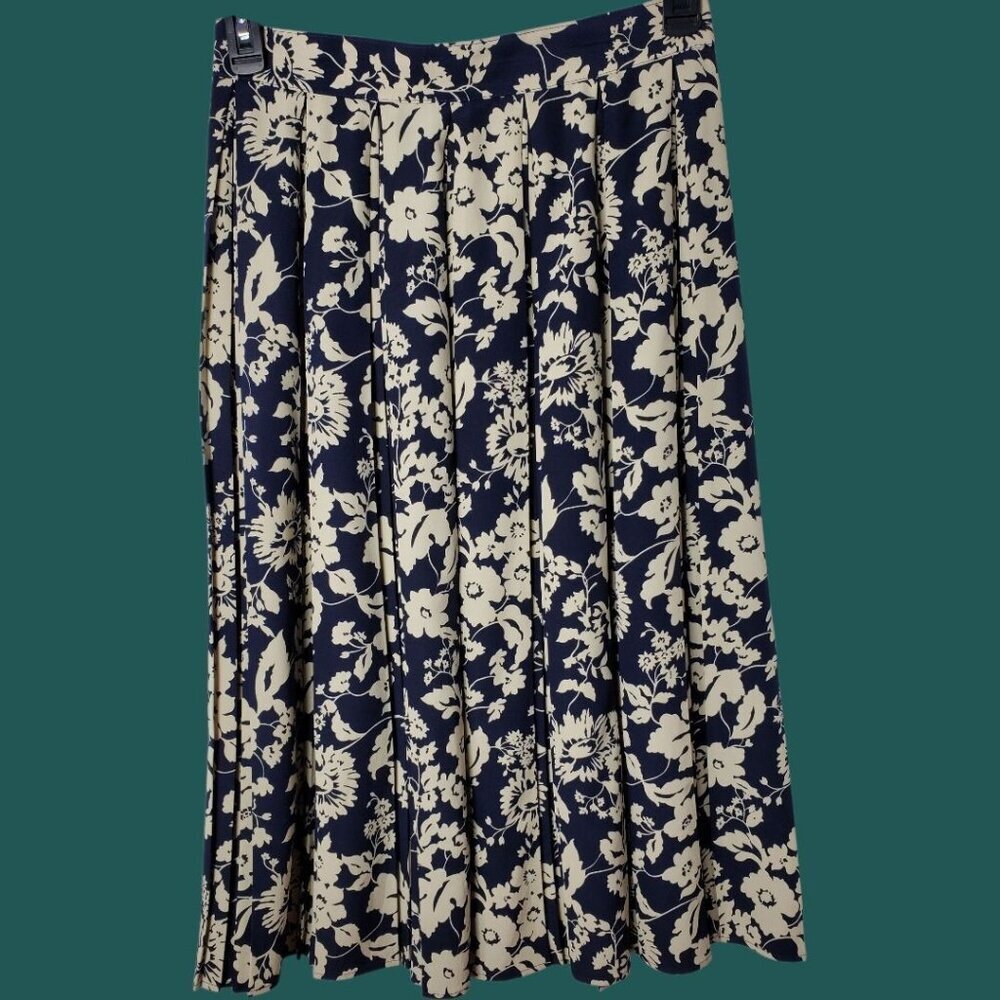 St.Michael Vtg Style Floral Pleated Midi Skirt Navy & Cream Sz 16